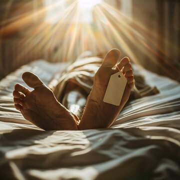 Grungy photo of feet with toe tag on a morgue table while early morning sunlight comes in through the window.