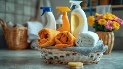 Cleaning and laundry products on a table, Basket of chemical and alternative eco detergent. Generative AI.