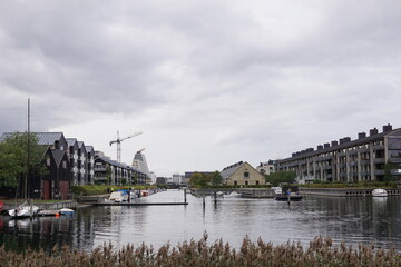 View on modern urban planning in Frederiksholm in Copenhagen, Denmark on the other side of the channel along the water