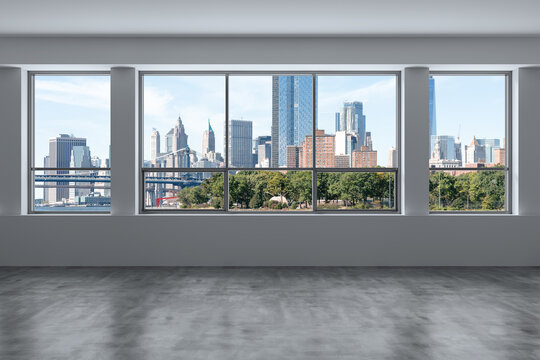 Downtown New York City Lower Manhattan Skyline Buildings. High Floor Window. Expensive Real Estate. Empty room Interior Skyscrapers View Cityscape. Financial district. Brooklyn Bridge. 3d rendering.