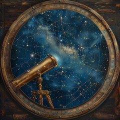 Telescope View into Cosmos with Zodiac Signs and Constellations