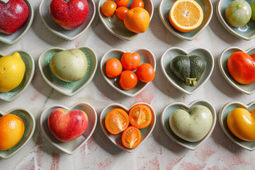 heart shaped bowls of various fruits and vegetables