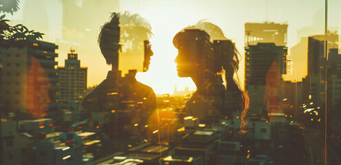 two silhouettes of people holding a business on the city side background