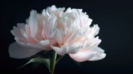 Pink white peony closeup on a black background. Beautiful flowers. The beginning of spring