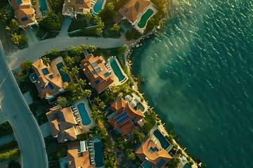 A breathtaking aerial shot showcasing the elegance of solar-powered homes against nature's backdrop.
