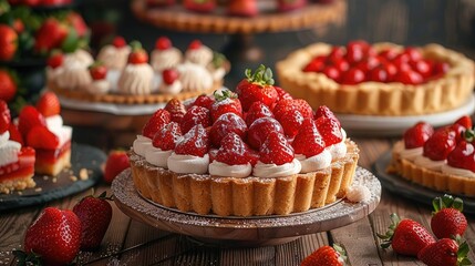 Strawberry cakes and pies on a rustic wooden table, an ideal batch of fresh fruits, dessert. Generative AI.