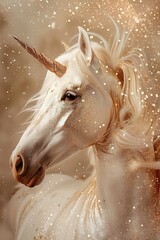 A magical unicorn with a sparkling horn, set against a backdrop of glittering lights, ideal for fantasy themes, children’s books, or enchanting event promotions.