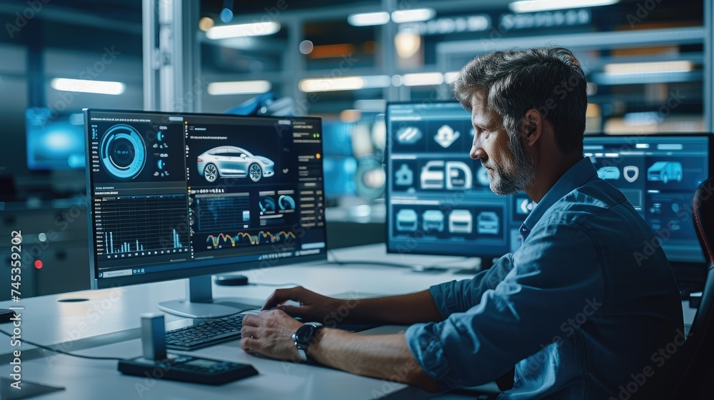 Poster A fleet manager using advanced software for EV fleet management. focus on a computer screen displaying a dashboard with various metrics like vehicle locations, battery levels. Generative AI.
