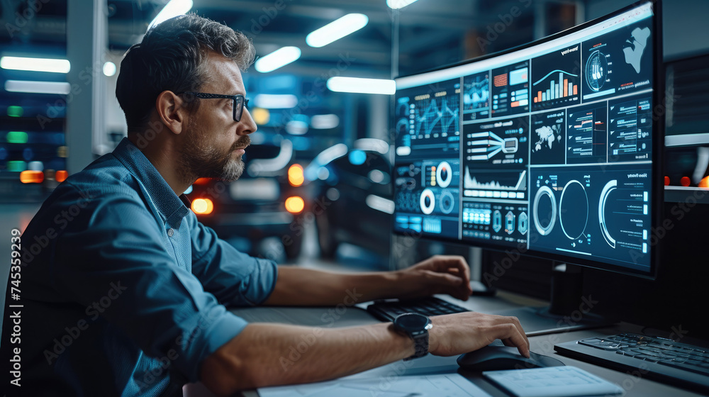 Poster A fleet manager using advanced software for EV fleet management. focus on a computer screen displaying a dashboard with various metrics like vehicle locations, battery levels. Generative AI.
