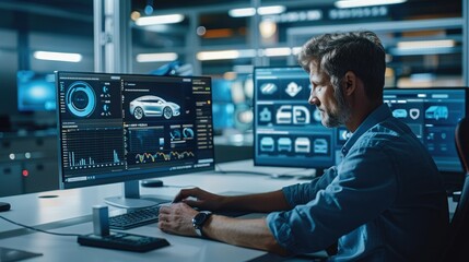 A fleet manager using advanced software for EV fleet management. focus on a computer screen displaying a dashboard with various metrics like vehicle locations, battery levels. Generative AI.