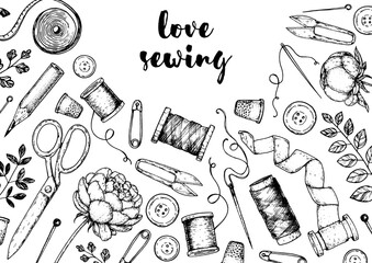 Sewing retro set. Vector hand drawn. Collection of hand drawn sewing tools. Engraved style. Sketch collection.