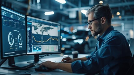 A fleet manager using advanced software for EV fleet management. focus on a computer screen displaying a dashboard with various metrics like vehicle locations, battery levels. Generative AI.