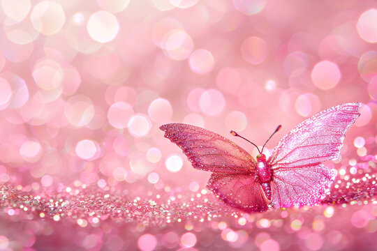 A delicate pink butterfly with sparkling glitter on a dreamy bokeh background, perfect for baby announcements, spring themes, or enchanting design elements. Copy space for text.