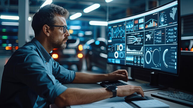 A fleet manager using advanced software for EV fleet management. focus on a computer screen displaying a dashboard with various metrics like vehicle locations, battery levels. Generative AI.