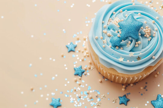 Beige Background With Blue Cupcake Glitter And Copy Space. Its A Boy Backdrop With Empty Space For Text. Baby Shower, Birthday Invitation, Party. Baby Boy Birth Announcement. Men's Day.