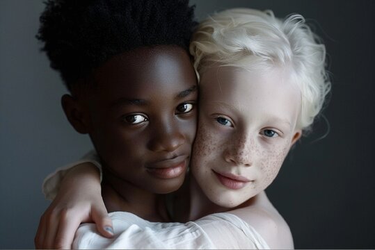 studio fashion shot of natural beauty african american boy with natural beauty albino perfect skin girl