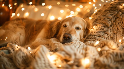 A golden retriever lies cozily among blankets and twinkling lights, its expression serene and content