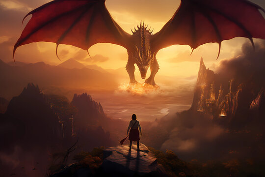 An epic fantasy adventure unfolds in a mythical amber realm, as a colossal dragon descends upon a brave warrior, casting a looming shadow over their valiant struggle against the forces of darkness