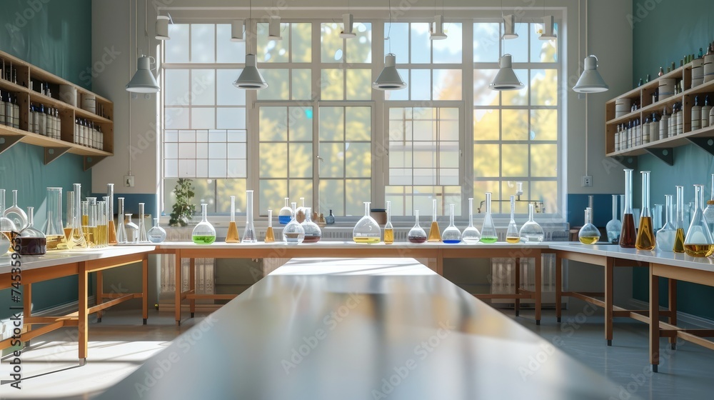 Poster Front view of a chemistry school table with a big open space in the middle, good bright studio light. Generative AI.