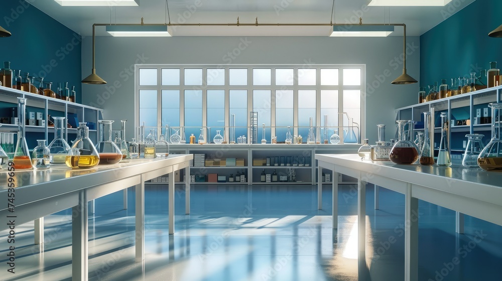 Aufkleber Front view of a chemistry school table with a big open space in the middle, good bright studio light. Generative AI.