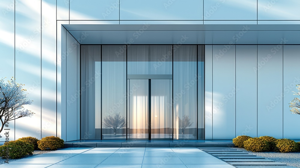 Poster the front entrance of a modern building, all in a matte finish without any extra decorations, featur