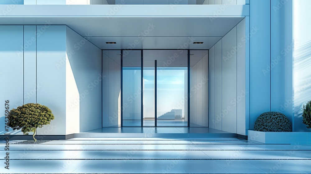 Poster the front entrance of a modern building, all in a matte finish without any extra decorations, featur