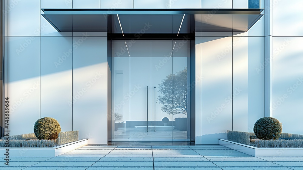 Poster the front entrance of a modern building, all in a matte finish without any extra decorations, featur