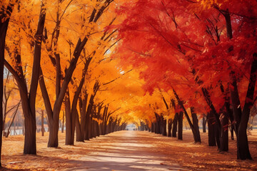 "A stroll through an autumn leaf tunnel" offers a serene and enchanting experience, as golden foliage forms a canopy overhead, casting a warm, dappled light onto the winding path below