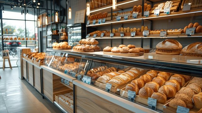 Contemporary supermarket bakery cafe interior, assorted breads on shelves. Generative AI.