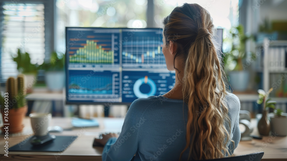 Fototapete Woman sits at desk looking at a monitor with product traffic analysis displayed on the computer. Generative AI.