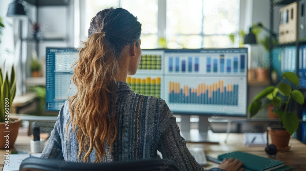 Poster woman sits at desk looking at a monitor with product traffic analysis displayed on the computer. gen