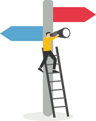 Business opportunity or investment and market prediction, future growth or career development vision, profit and earning forecast concept, businessman climb up ladder with telescope.

