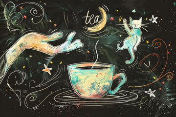 Simple line Illustration chalkboard coffee or tea flying In the Universe black color grunge texture, colorful element, empty space.