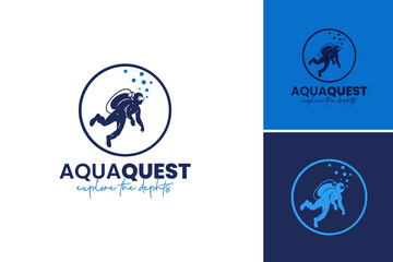person in scuba suit and mask logo design template, suitable for travel brochures, underwater adventure websites, and scuba diving magazines. - obrazy, fototapety, plakaty