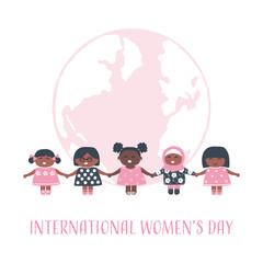 Happy little girls holding hands on the globe background. 
International Women's Day concept. Diverse group of baby girls in pink clothes. Cute cartoon characters. Vector illustration