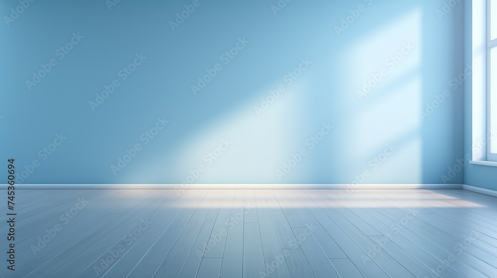 Poster smooth blue empty wall and wooden floor with shadow from window for product display and presentation