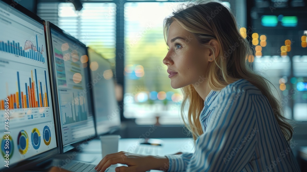 Poster Woman sits at her desk, working with computer screen in front of her is filled with financial graphs and charts. Generative AI.