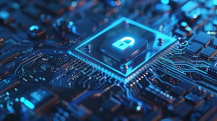Locked padlock placed on a computer motherboard. Cybersecurity concept related to the technologies that ensure data security and data privacy. 3D rendered illustration