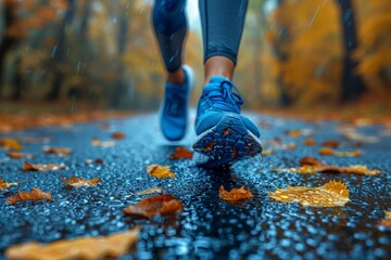 An active woman jogging in a rainy park during autumn, embracing fitness and nature.
