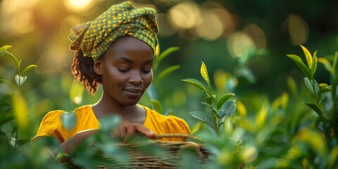 A cheerful and alluring black woman, a picker with a wicker basket in a green plantation. - Powered by Adobe