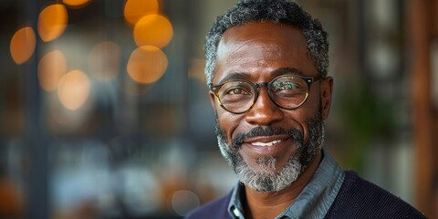 A mature and attractive black businessman with a beard and glasses, exuding confidence indoors.