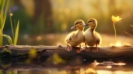 two ducklings on a log in the warm morning light, Horizontal background, with room for copy, in Nature-themed, photorealistic illustrations in JPG. Generative ai
