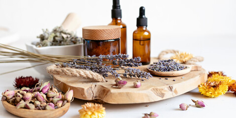 Botanical blends, herbs, essencial oils for naturopathy. Natural remedy, herbal medicine, blends...
