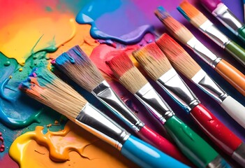 Fototapeta premium Bright multicolored creative background, a group of brushes with paint on the background of a multicolored spectrum canvas, the idea of creativity banner