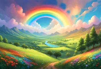  Vibrant rainbow heart-shaped cloud hovering above a lush green valley © shumail