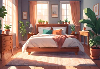 Interior with a bed adorned with fluffy pillows, wooden furniture, vibrant potted plants