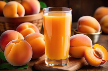 a glass of freshly squeezed apricot juice on a wooden table, fruit drink, ripe apricots, healthy food and organic farming