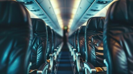 An empty airplane cabin with blue and black leather seats.