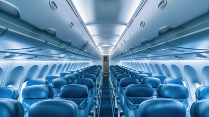 An empty airplane cabin with blue seats and overhead bins. The seats are arranged in a 3-3 configuration, and the cabin is lit by a soft blue light.