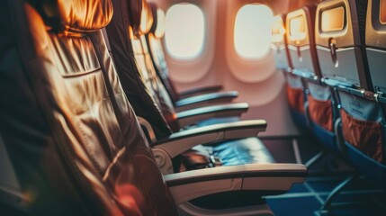 Economy class airplane seats with orange headrests and sunlight shining through the windows. - obrazy, fototapety, plakaty